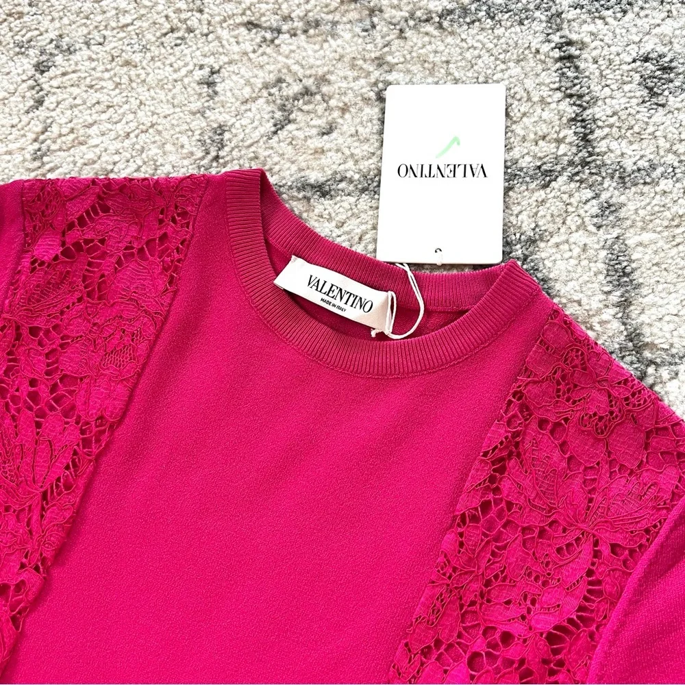 Valentino Brand New Pink Fuchsia Lace Panel Knit Stretch Dress - Picture 2 of 8